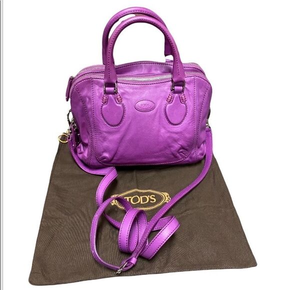 TOD’S Authentic Purple Double Zipper Leather Crossbody Shoulder Bag - Picture 1 of 11